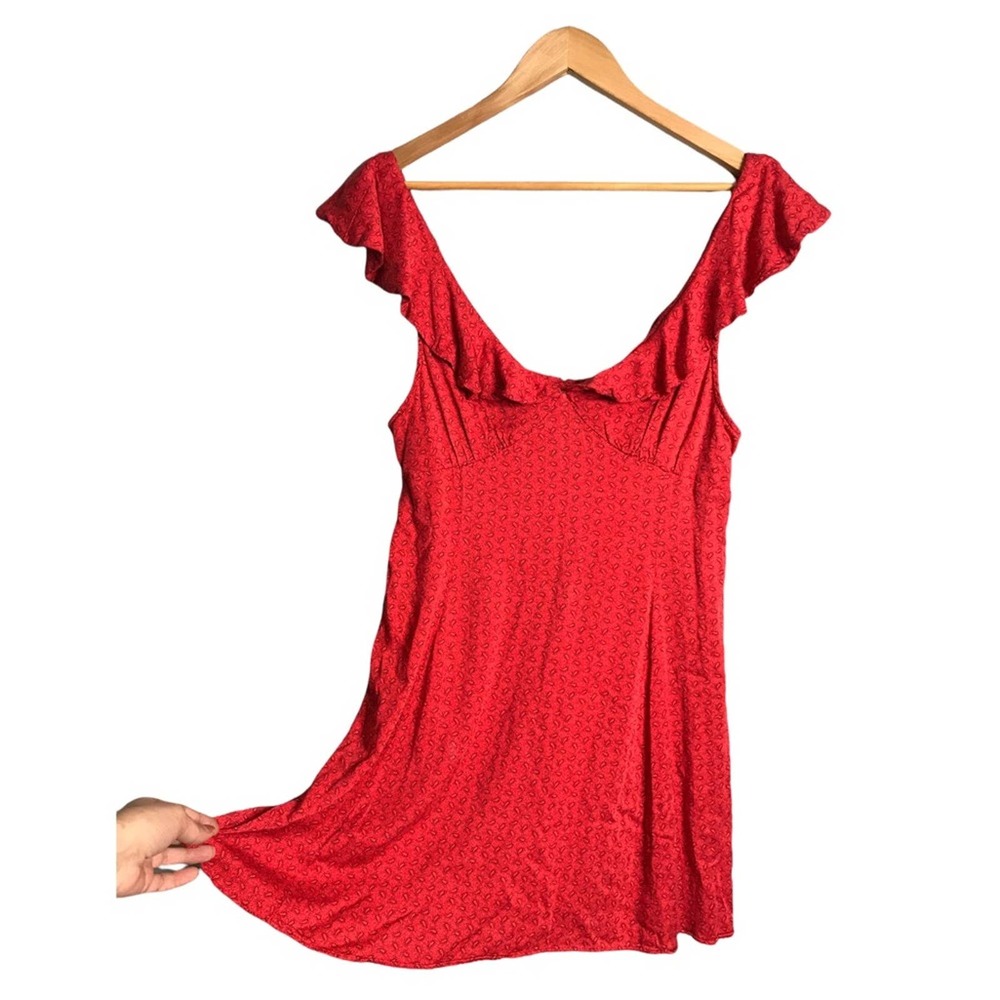 Kimchi Blue • UO | Red Fit & Flare Bohemian Print Ruffle sleeve mini dress •